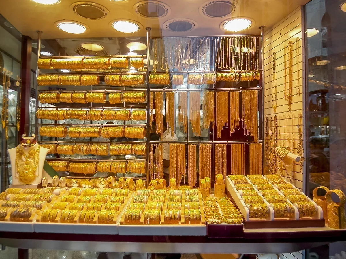 The gold filled windows of the Dubai gold souk