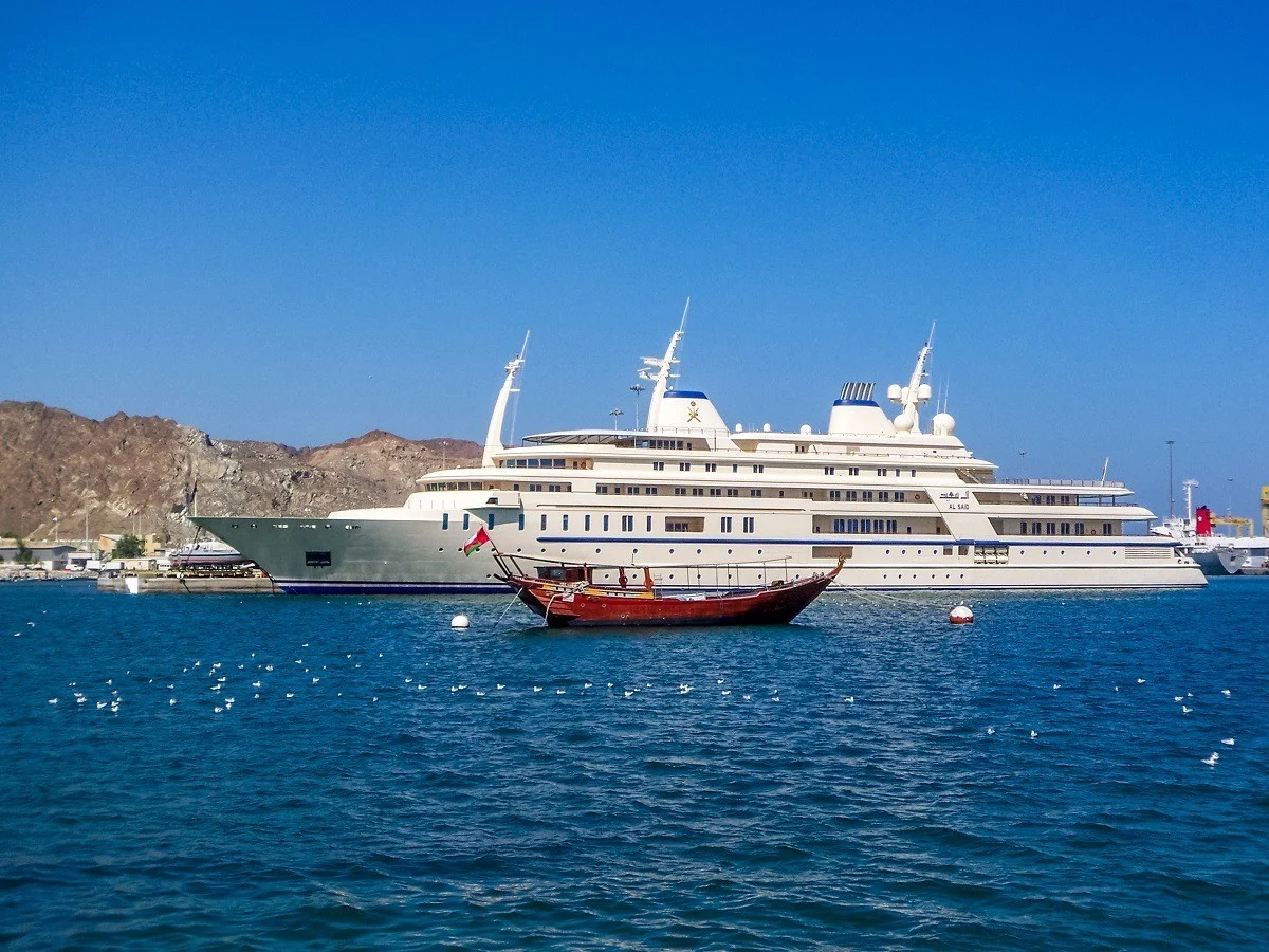 The Sultan's yacht, as viewed from the Muttrah Corniche in Muscat Harbor