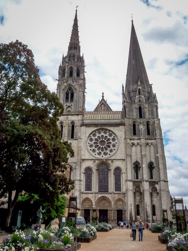 The imposing facade of Chartres Cathedral in France