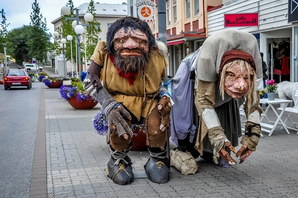 Troll statues on street in Akureyri