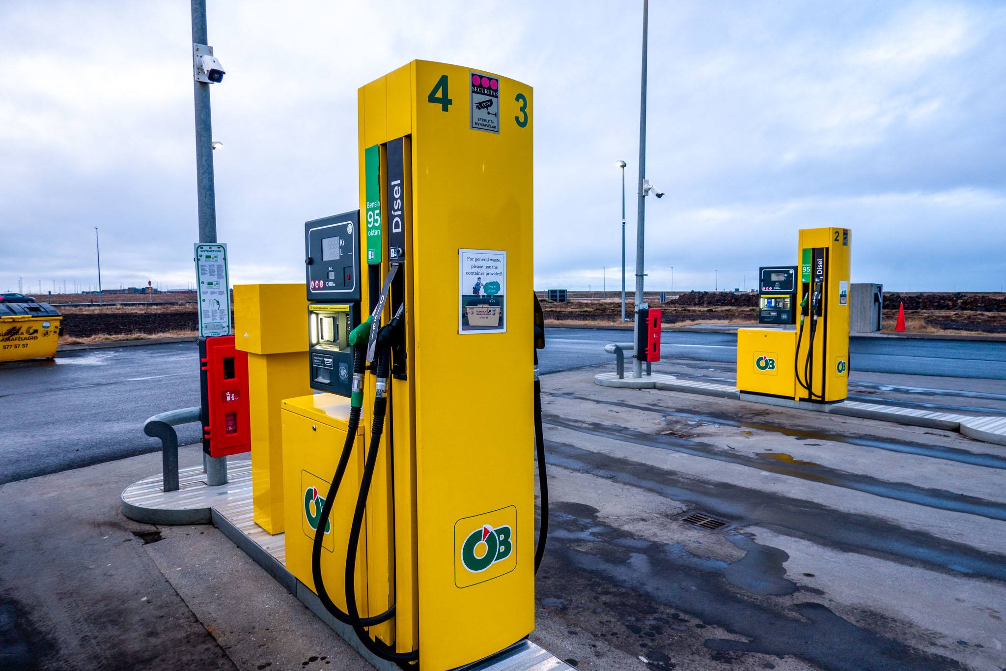 Gas pumps at an OB self-serve gas station