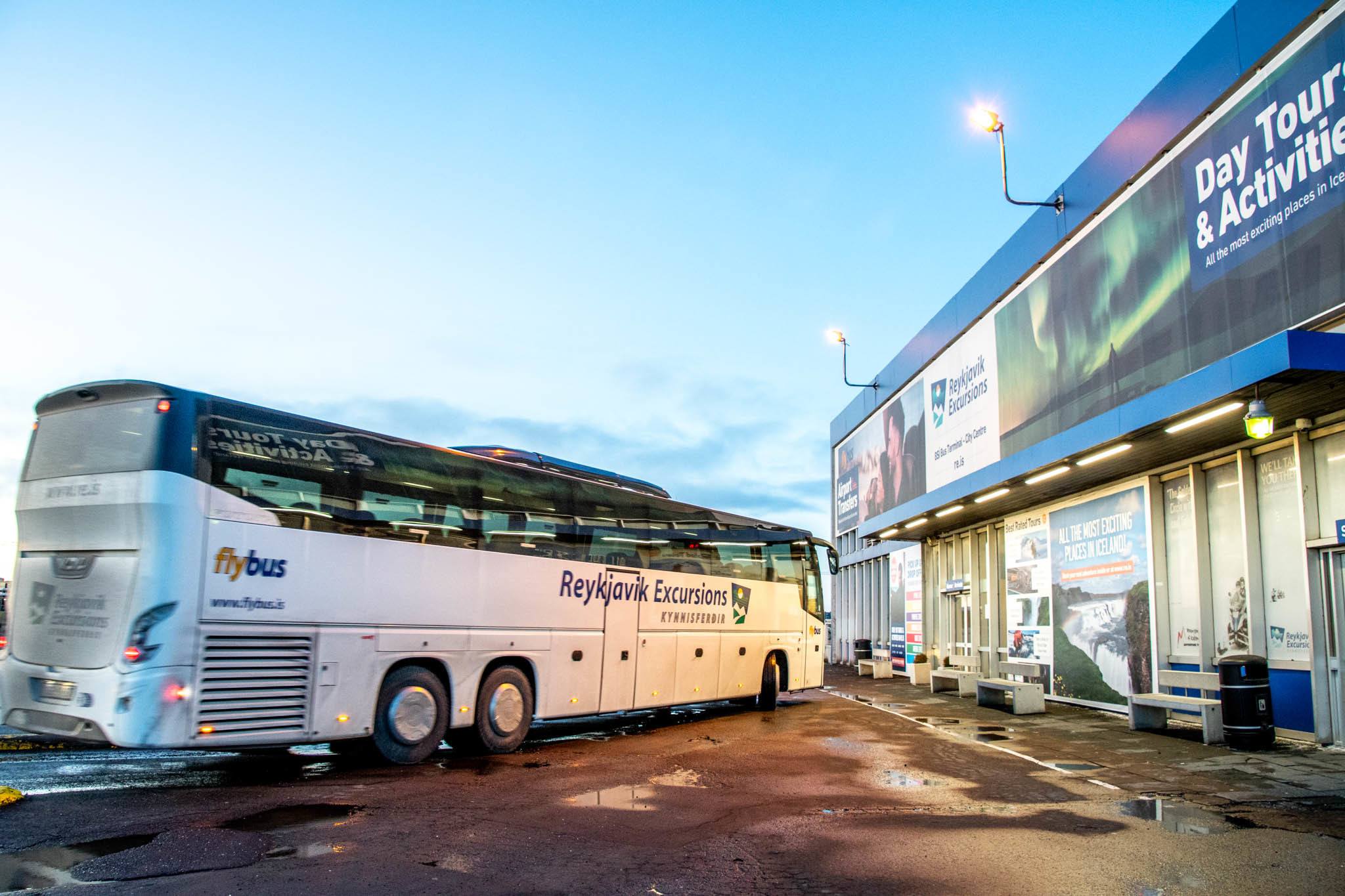 The Reykjavik Excursions Flybus leaving the BSI Terminal