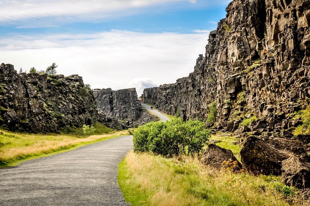Pathway through two rock walls in Thingvellir National Park