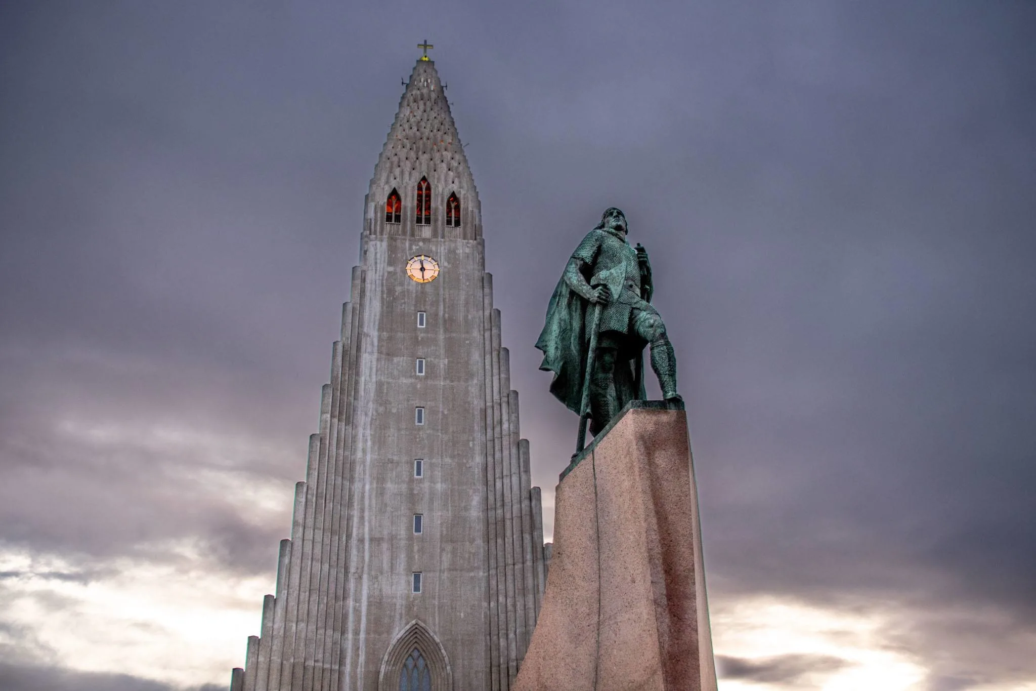 Leif Ericsson statue on a platform in front of the Hallgrimskirkja church in Reykjavik.