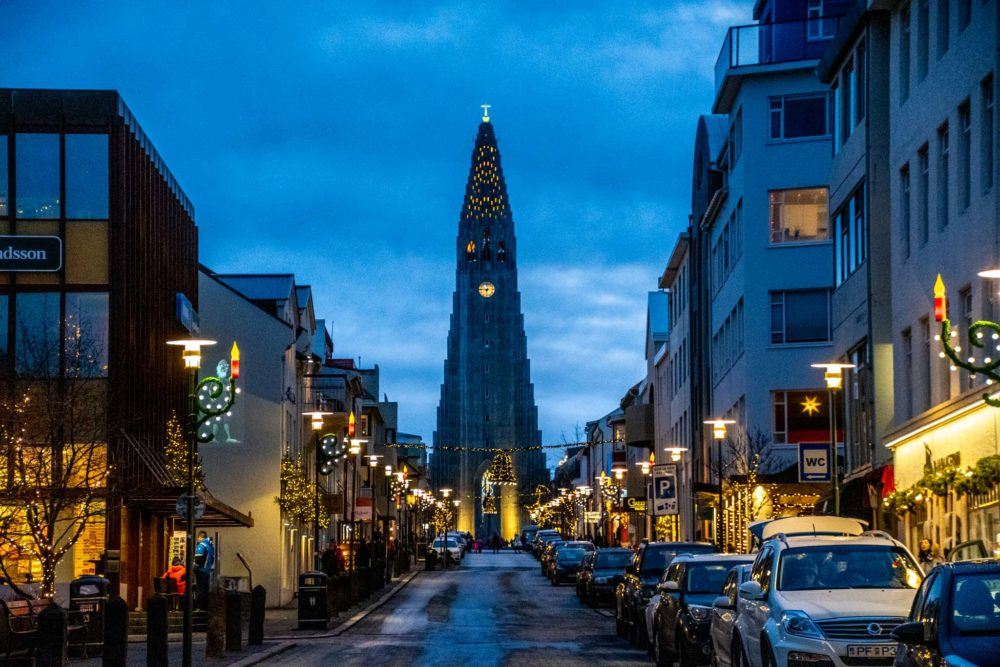 Downtown Reykjavik with the Hallgrimskirkja Church at the top of the street.