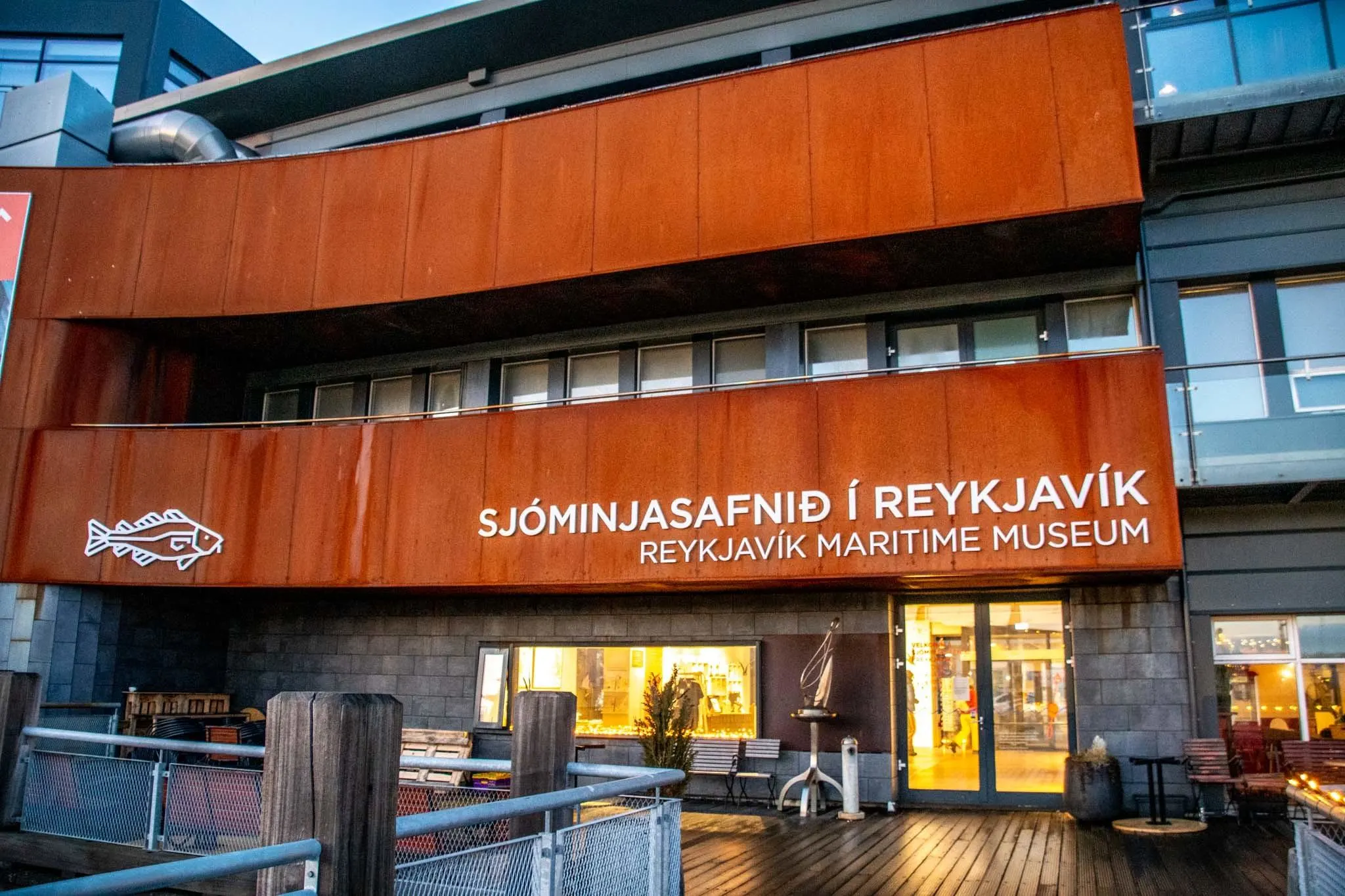 Exterior of a building with a sign for "Reykjavik Maritime Museum" 