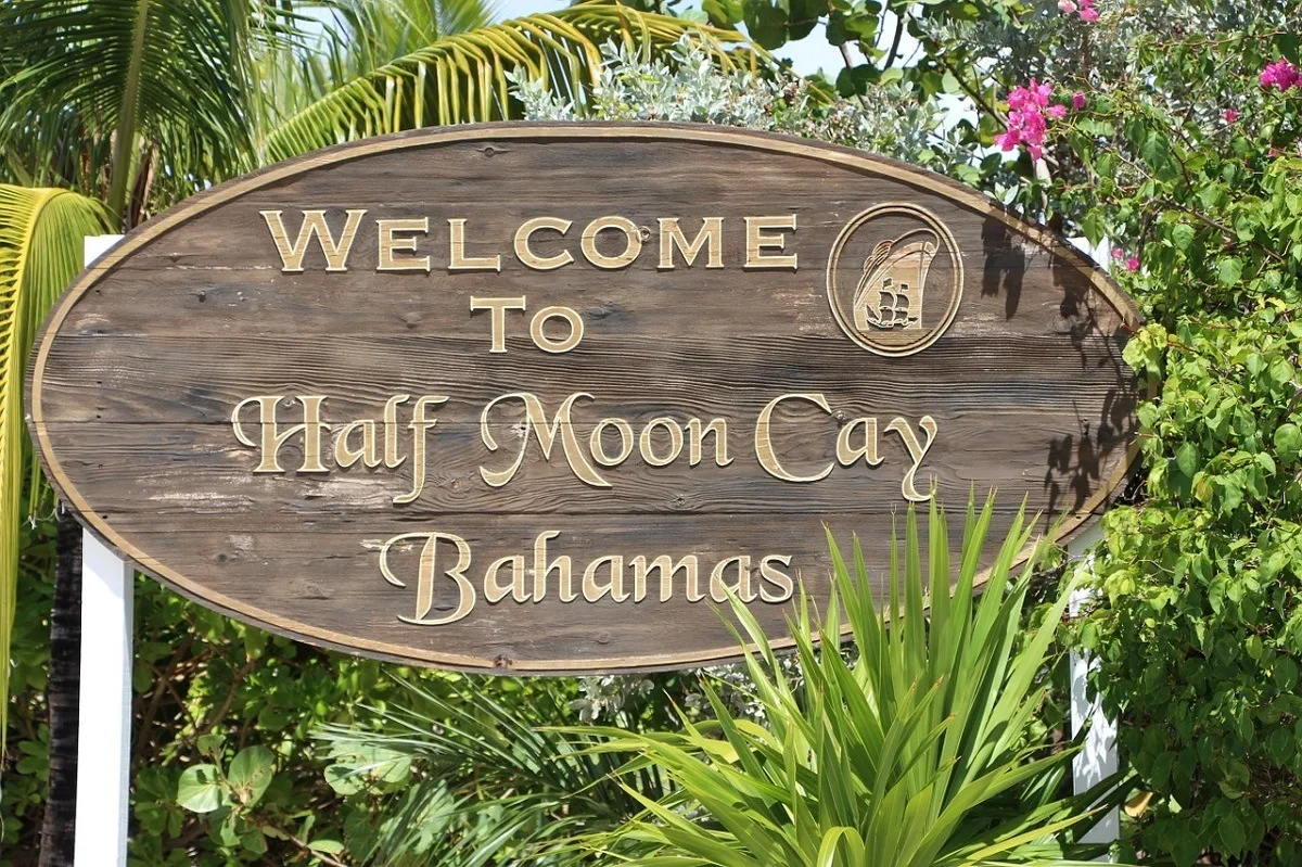 The "Welcome to Half Moon Cay Bahamas" sign