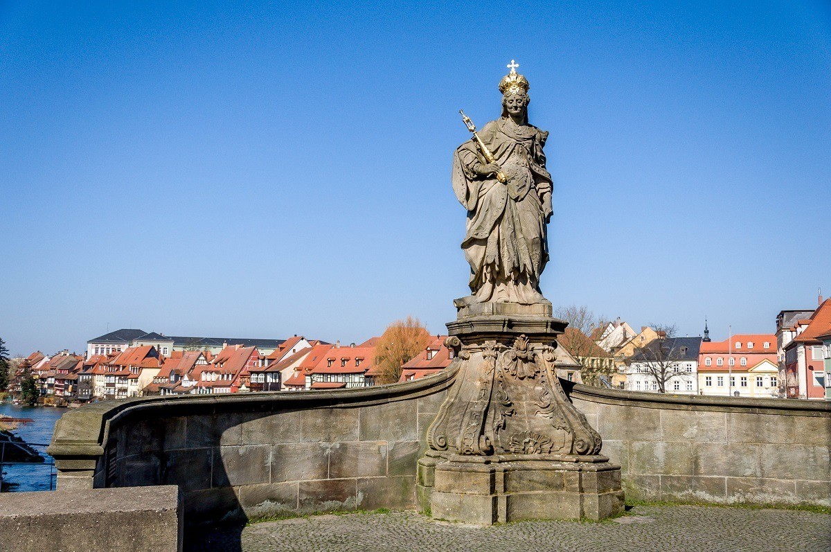 The Queen Kunigunda Statue on the Alte Rathaus bridge in Bamberg