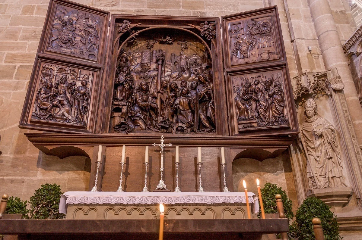 A carved wooden altar inside the Bamberg Cathedral