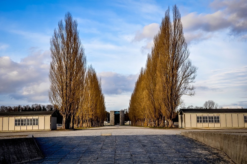 Path through the middle of Dachau concentration camp in Germany