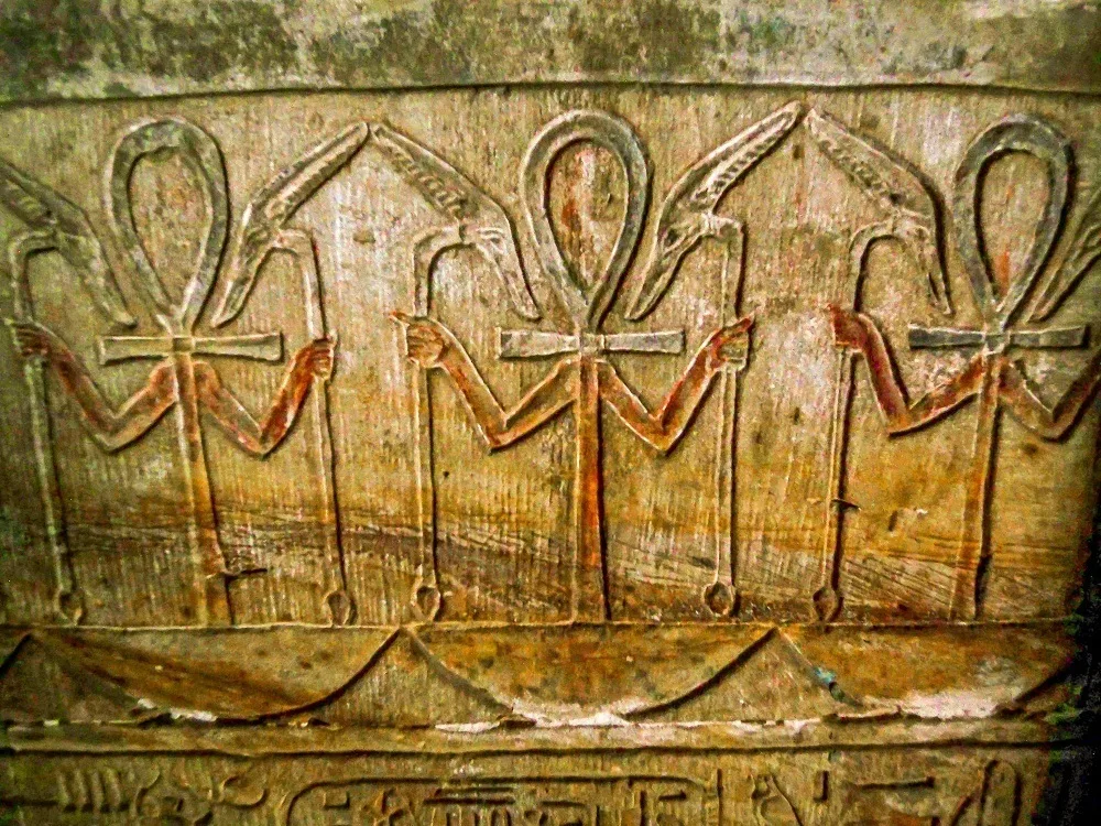 Colored ankhs inside the Temple of Horus at Edfu