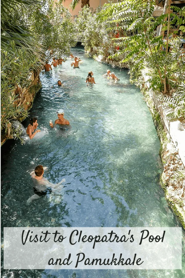 A visit to Cleopatra's Pool (aka the Antique Pool) in Pamukkale Turkey is a unique experience. The pool's ancient fallen columns and champagne  waters create an unusual environment for relaxation just above Pamukkale's travertine cliffs.
