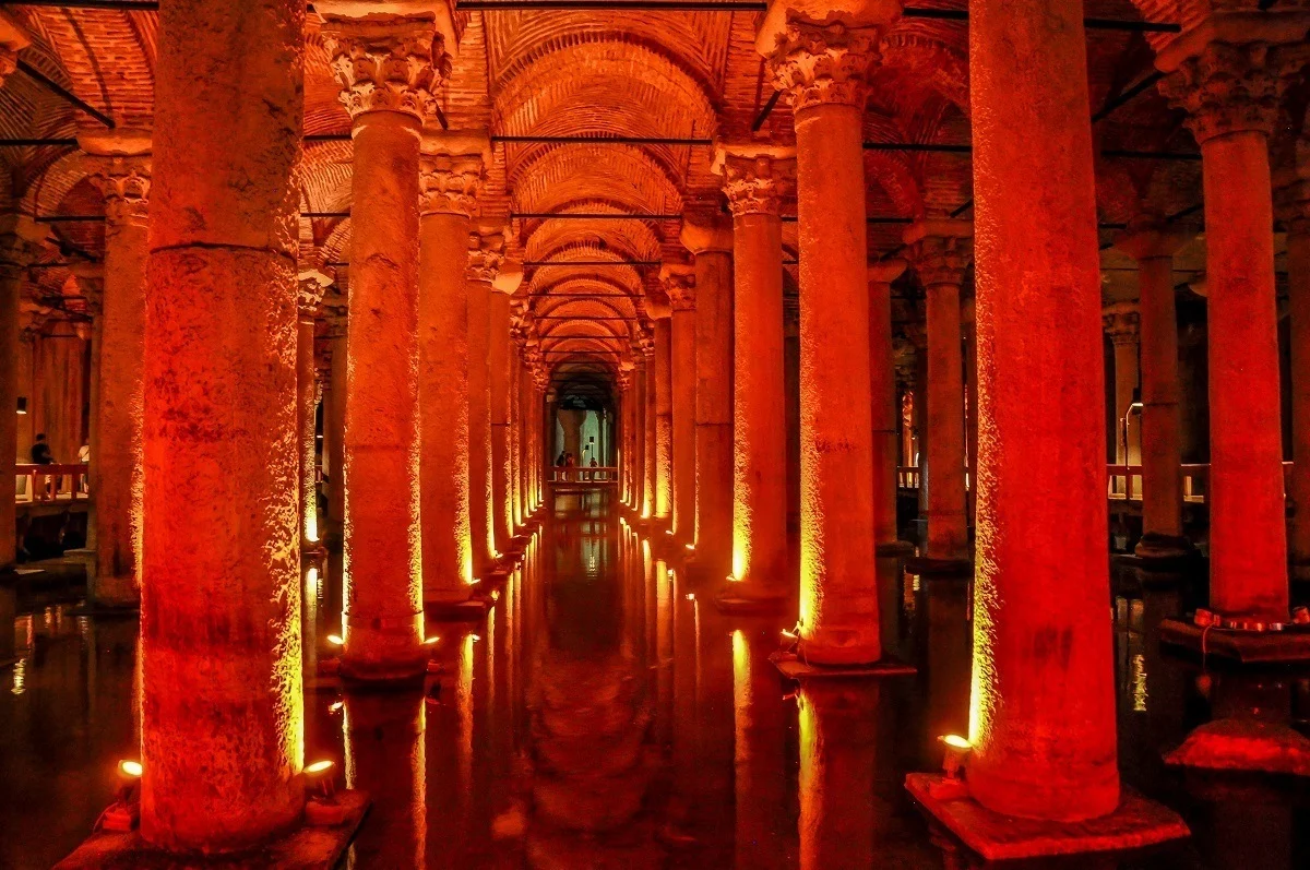 The illuminated columns of the Basilica Cistern in Istanbul