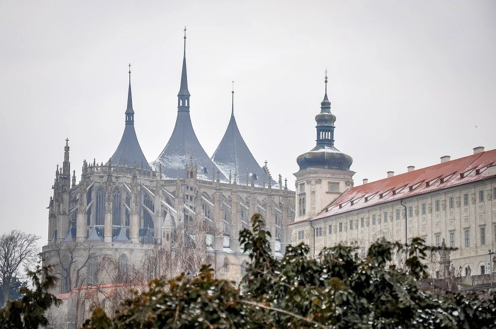 The Gothic St. Barbara’s Cathedral covered in light snow
