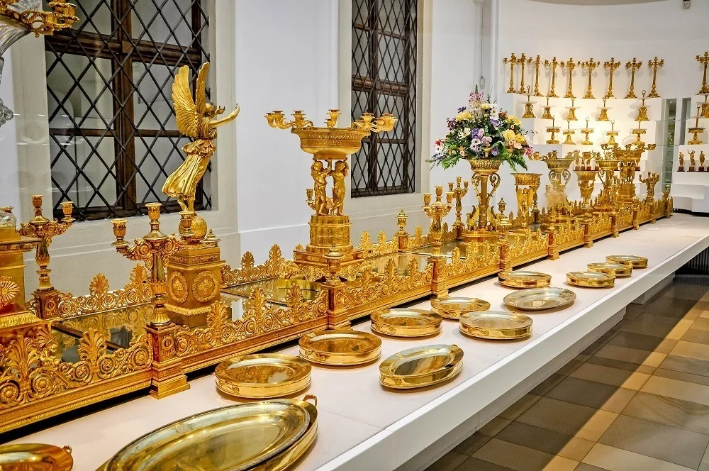 Gold banquet serving pieces at Hofburg Museum in the palace