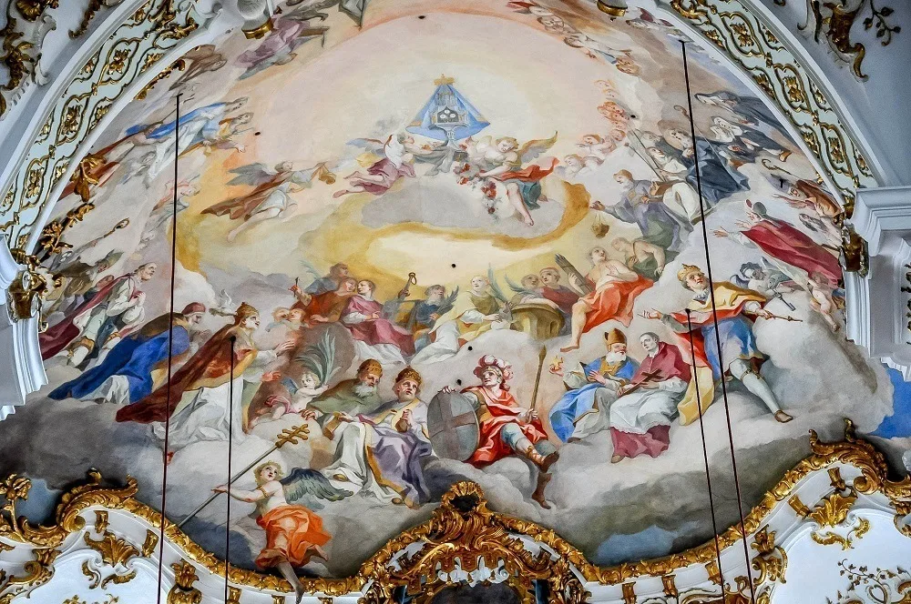 The ornately painted ceiling of the Andechs Monastery