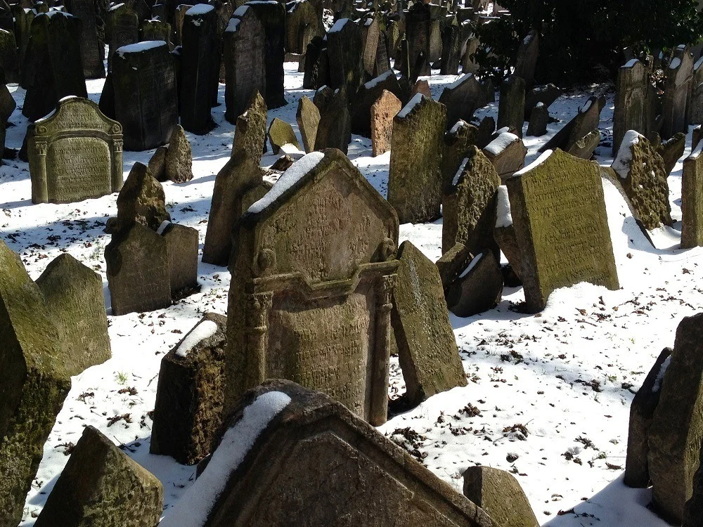 Falling tombstones in the Prague Jewish Quarter Cemetery in the snow