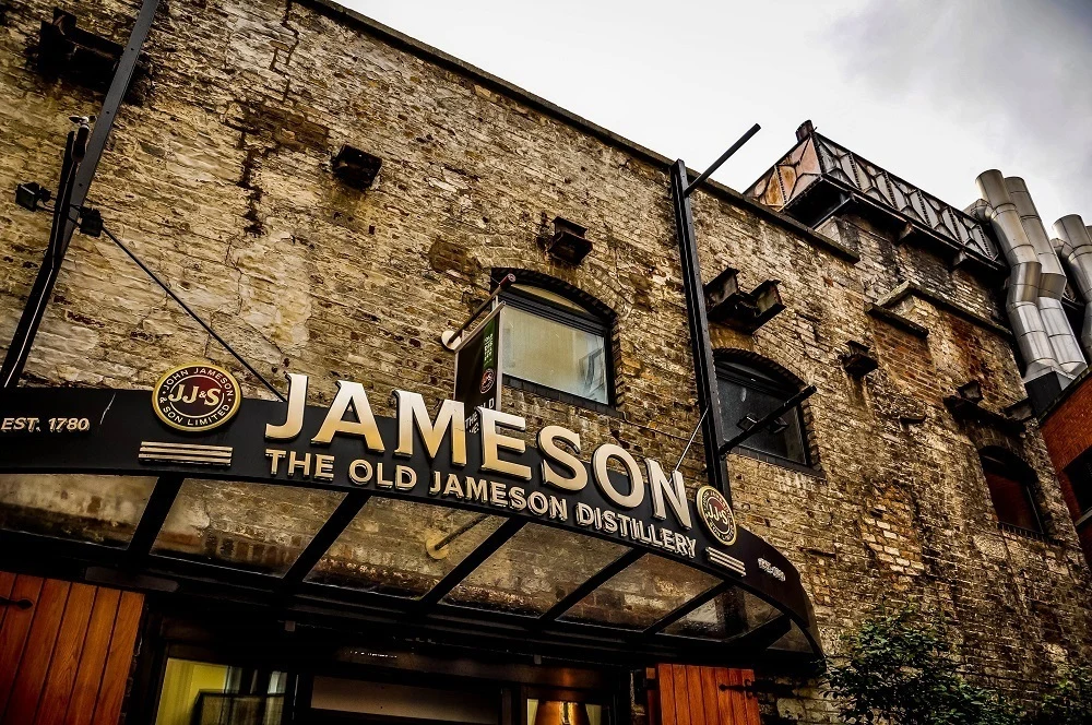 Stone exterior and sign for the Old Jameson Distillery in Dublin