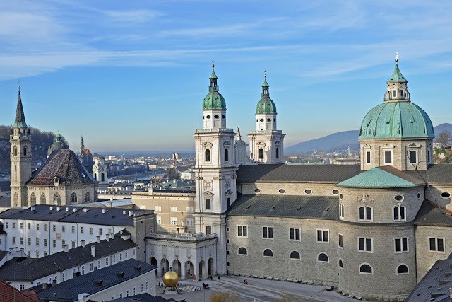 View of the Dom, the Salzburg Cathedral, from the hills above the city
