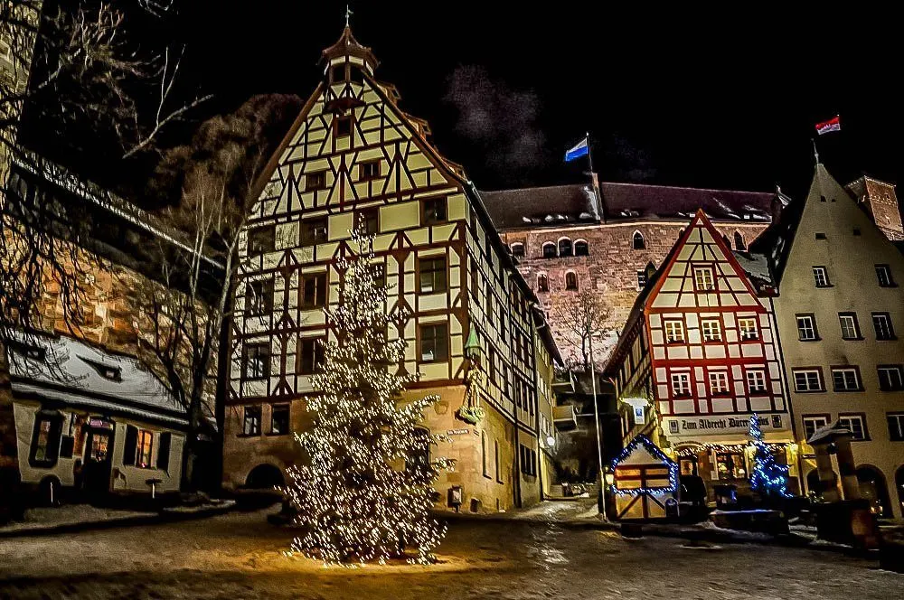 Christmas trees, lights,and half-timber buildings