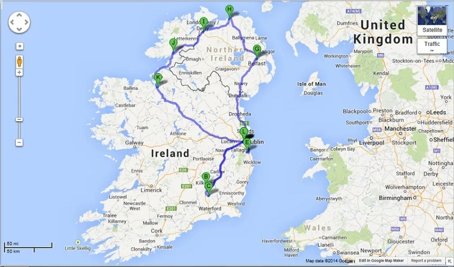 Map of our Ireland and Northern Ireland driving itinerary