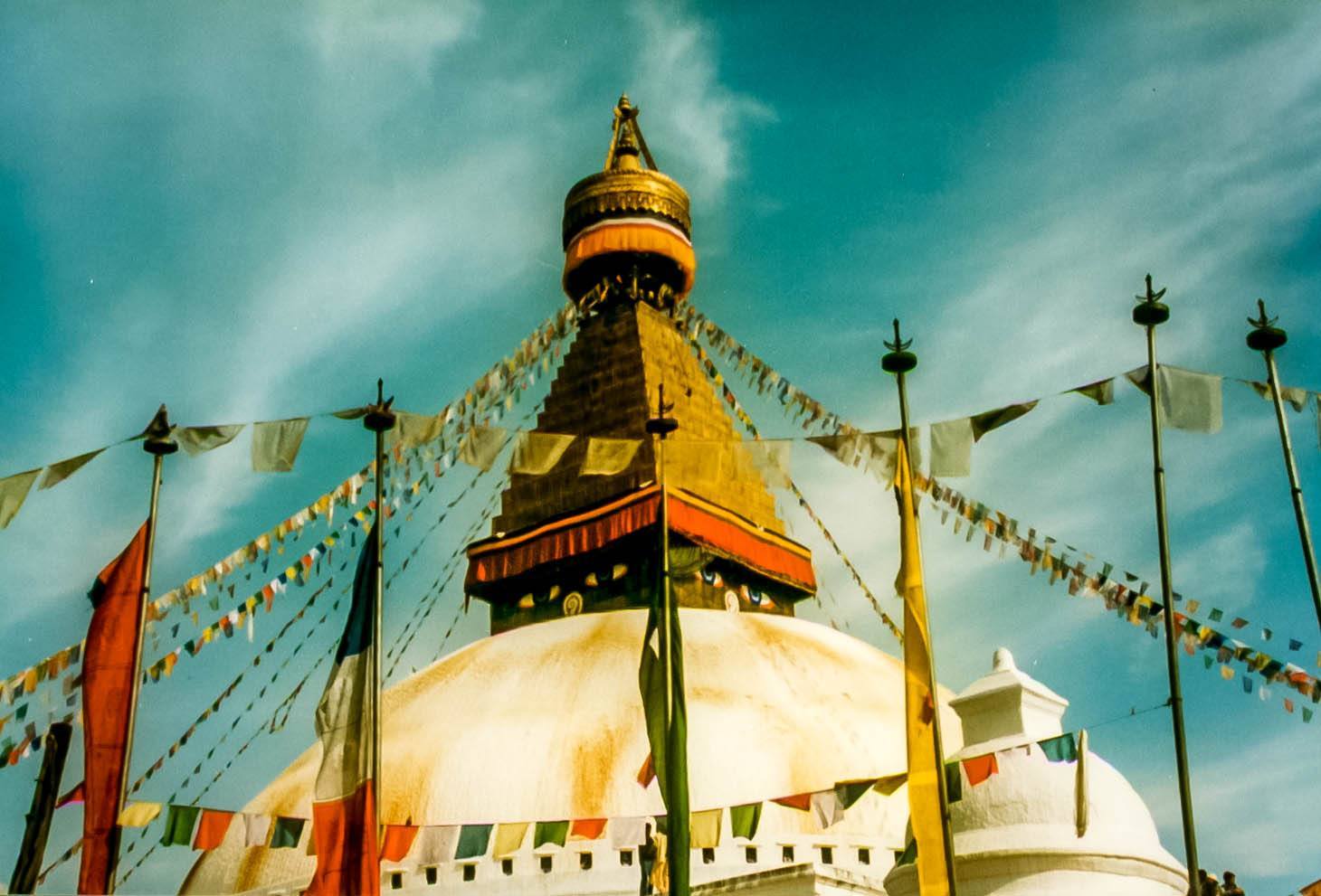 The Boudhanath Stupa with flags in Kathmandu, Nepal