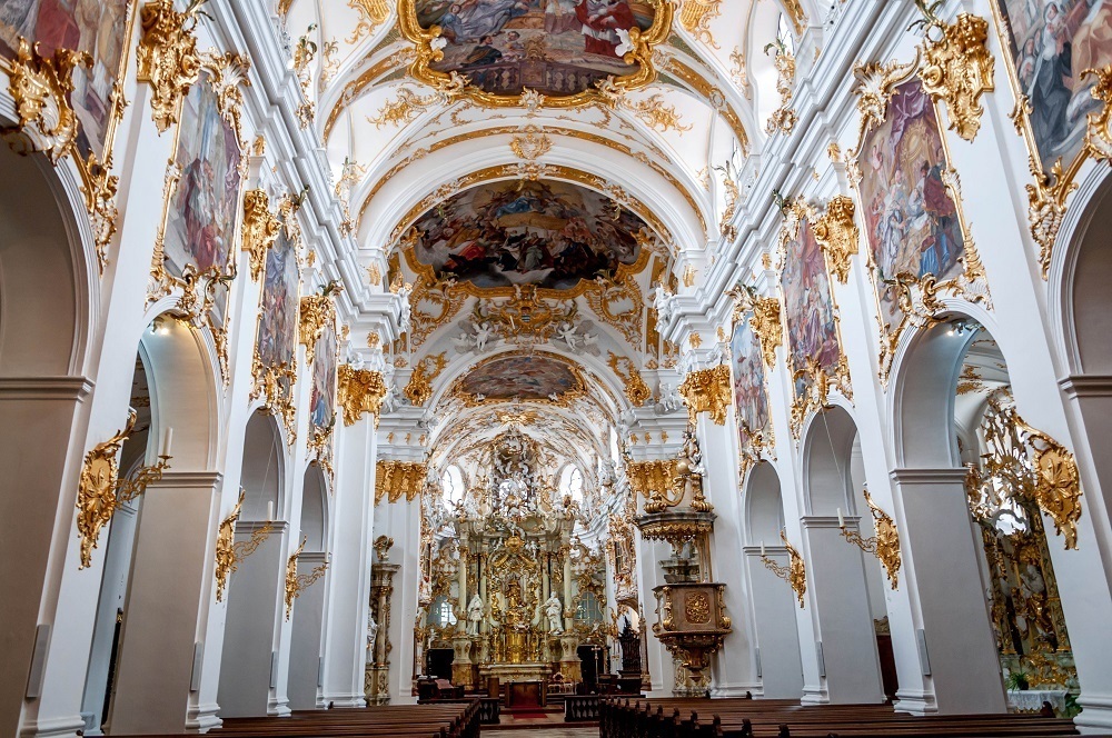The rococo interior of The Collegiate Church of Our Lady at the Alte Kapelle (Old Chapel)