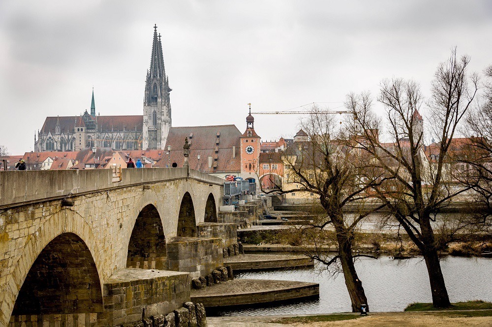 The skyline of Regensburg as viewed from the Old Bridge