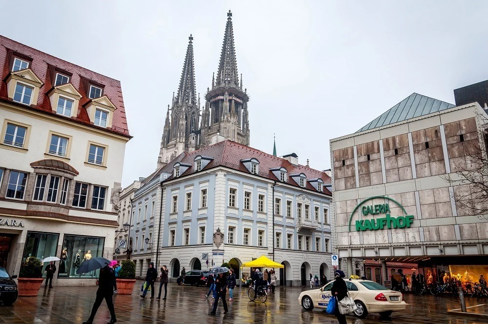 Seeing the main square while visiting Regensburg, Germany in the rain