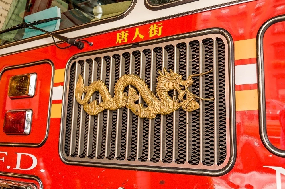 Chinese dragon on a fire engine in Chinatown