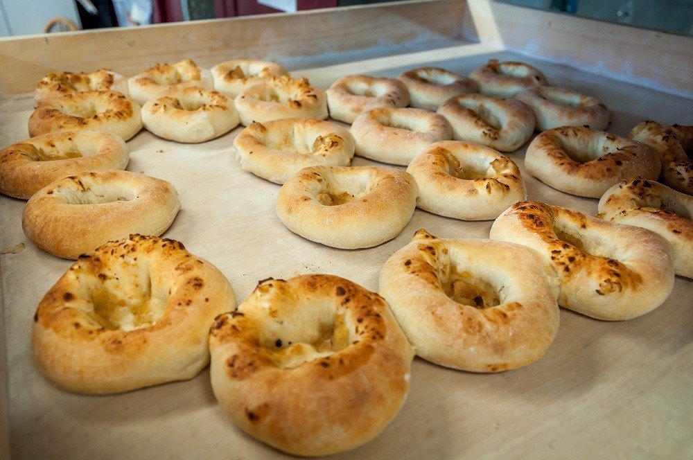 Tray of fresh baked bialy at Kossar's
