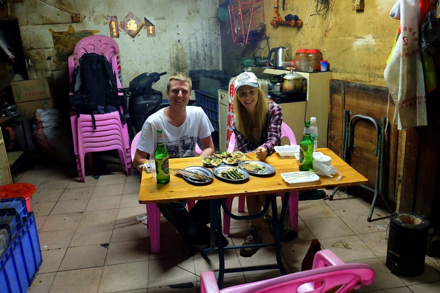 Agness and Cez of eTramping at a typical restaurant in Da Lang, Dongguan, China.