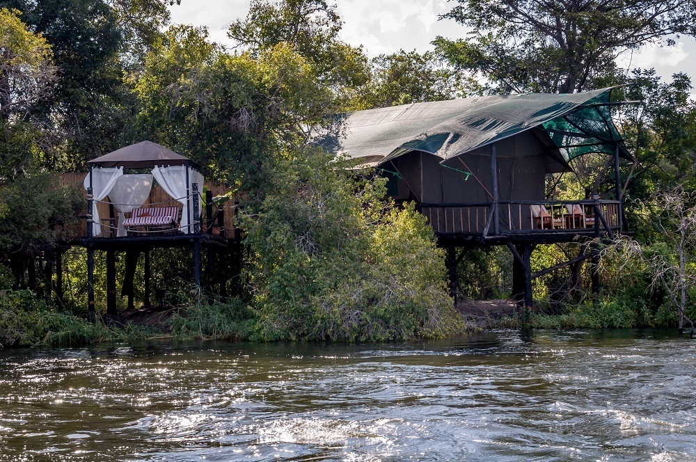 Chalets at the Islands of Siankaba at the edge of the Zambezi River