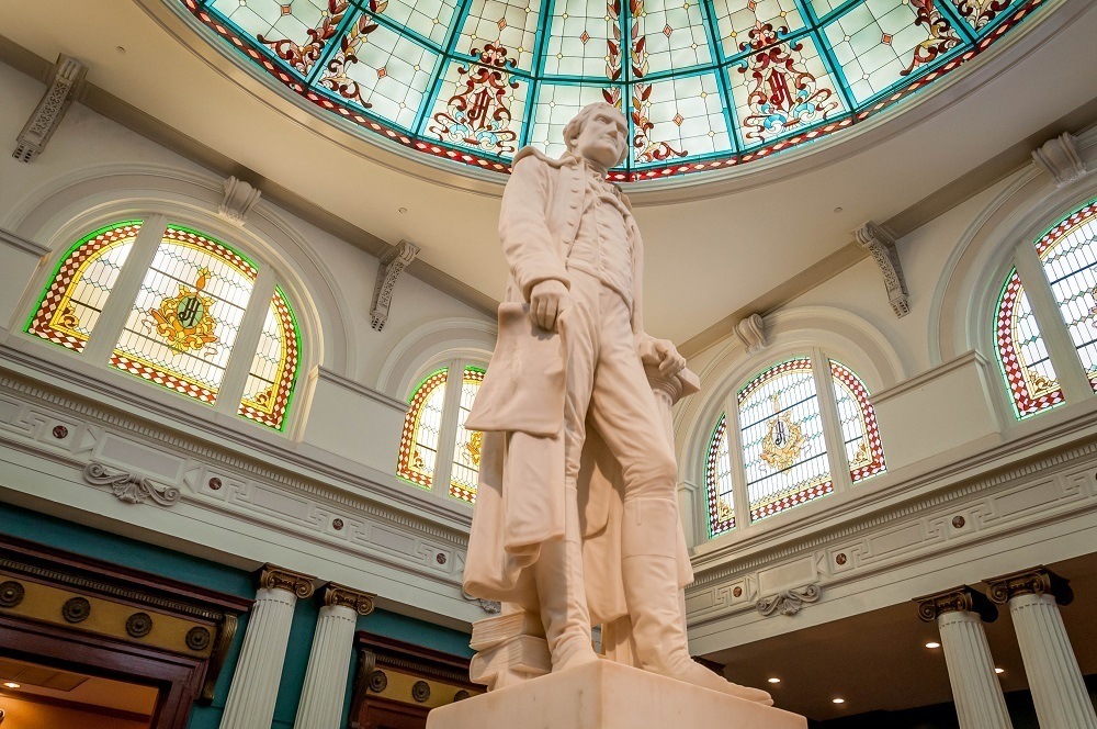 The Carrera marble statue of Thomas Jefferson in the lobby of The Jefferson Hotel Richmond