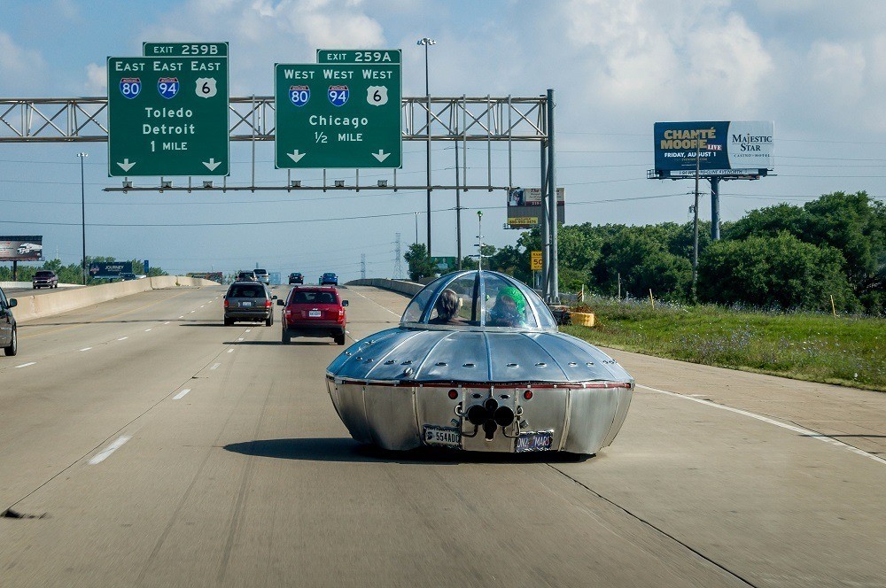UFO car driving on the highway in Northern Indiana