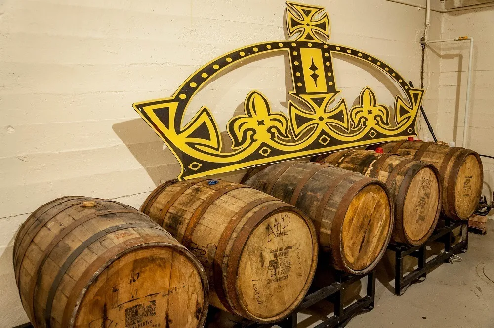 Oak barrels in the Beer Vault at Crown Brewery