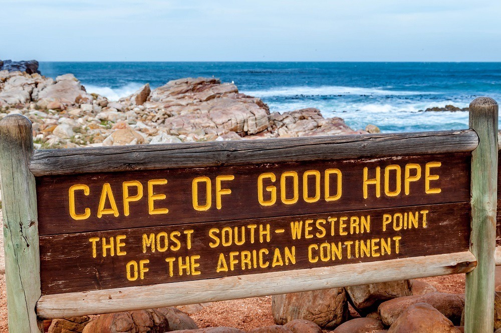 Wooden sign saying Cape of Good Hope, the most South-Western Point of the African Continent