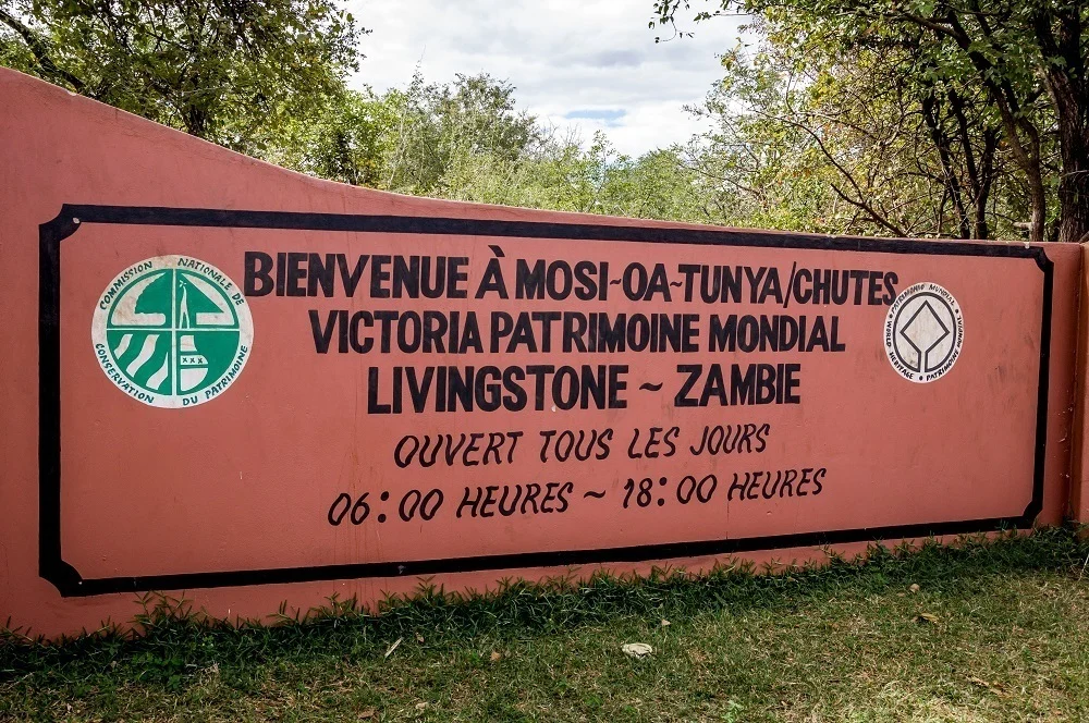 The UNESCO World Heritage Site sign at the entrance to the Victoria Falls Livingstone, Zambia side