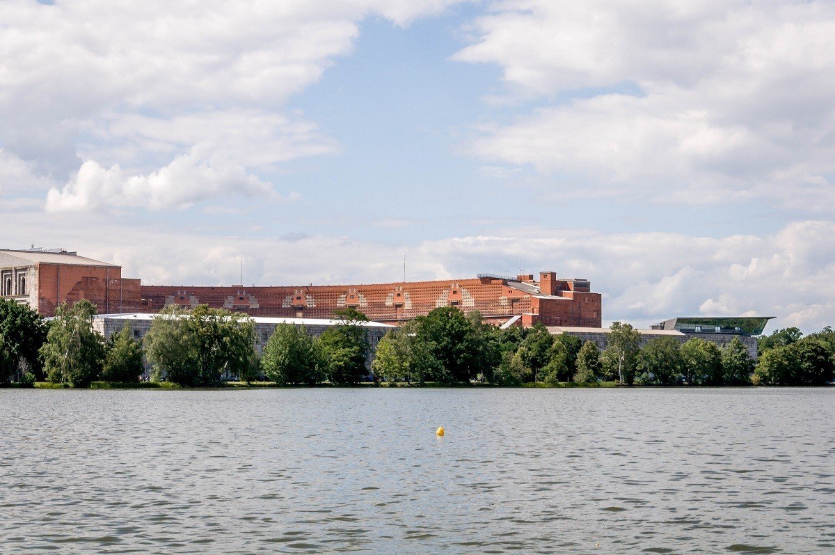 The Nazi Party Congress Hall (Kongresshalle) in Nuremberg, viewed across the lake (Dutzendteich).  This location is the center of the Nuremberg Nazi Party Rally Grounds.