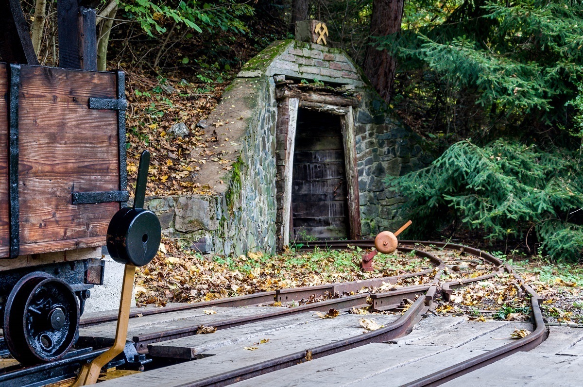 An ore cart and tracks at the Slovak Mining Museum in Banska Stiavnica