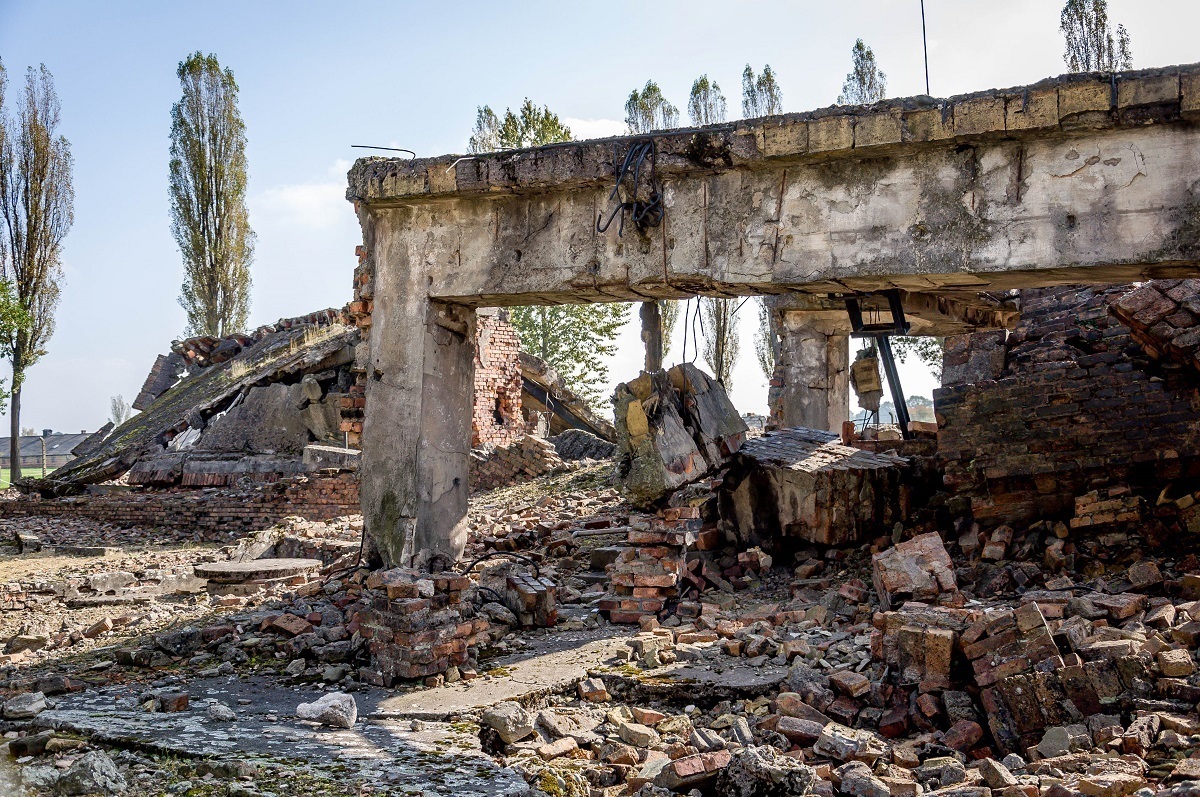 Ruins of the crematorium destroyed by the fleeing Germans at Auschwitz