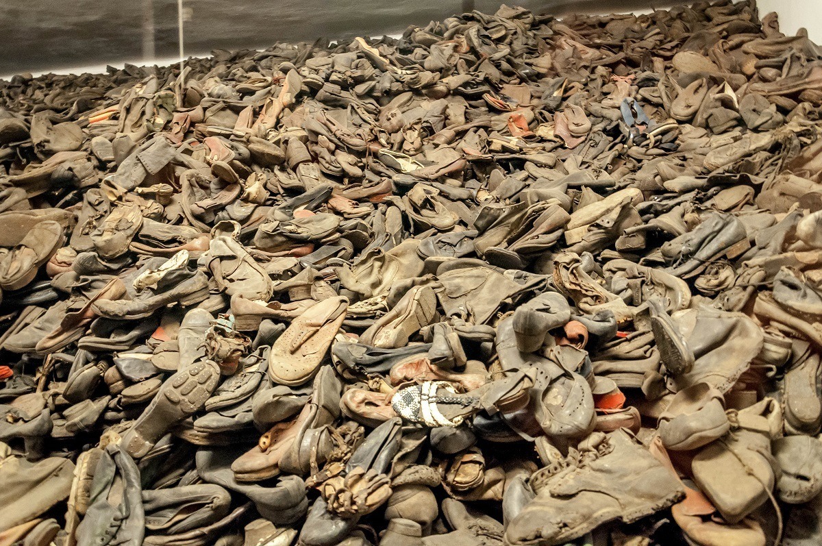 Shoes, mostly children's shoes, on the Auschwitz concentration camp tour