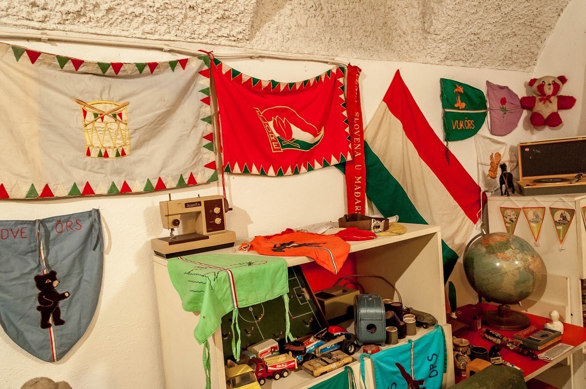 The flags of Hungarian communist youth organizations in a child's room