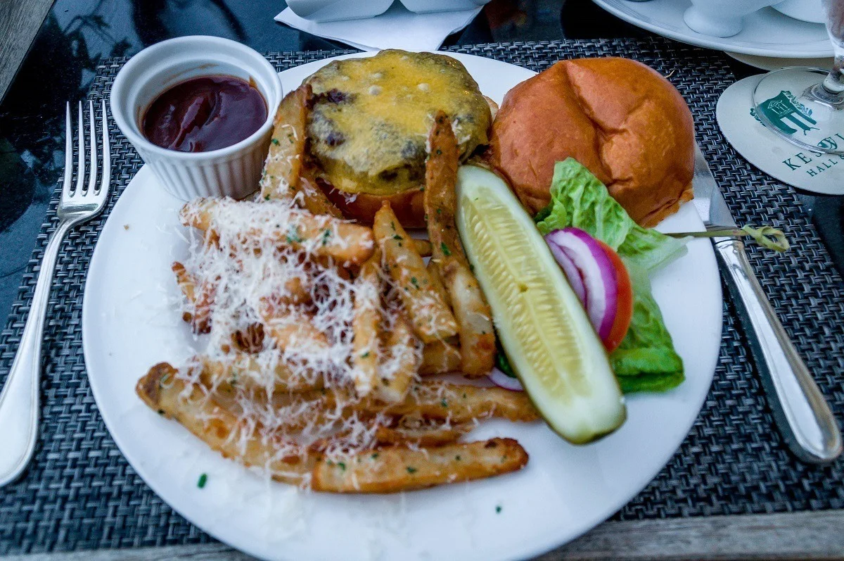 The hamburger and fries at Fossett's Bar