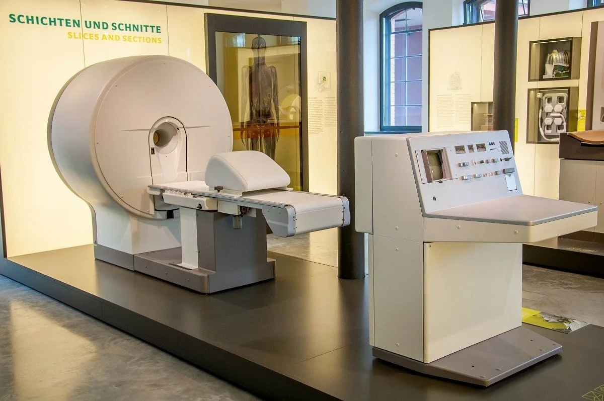 An early computed tomography (CT) system on display at the Siemens MedMuseum in Erlangen, Germany. The Siemens medical museum is more than a collection of company products, it shows the full scope of medical innovation over the decades.