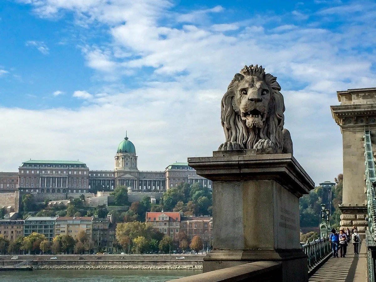 The Lions on the Chain Bridge, with Castle Hill and the Budapest funicular in the background