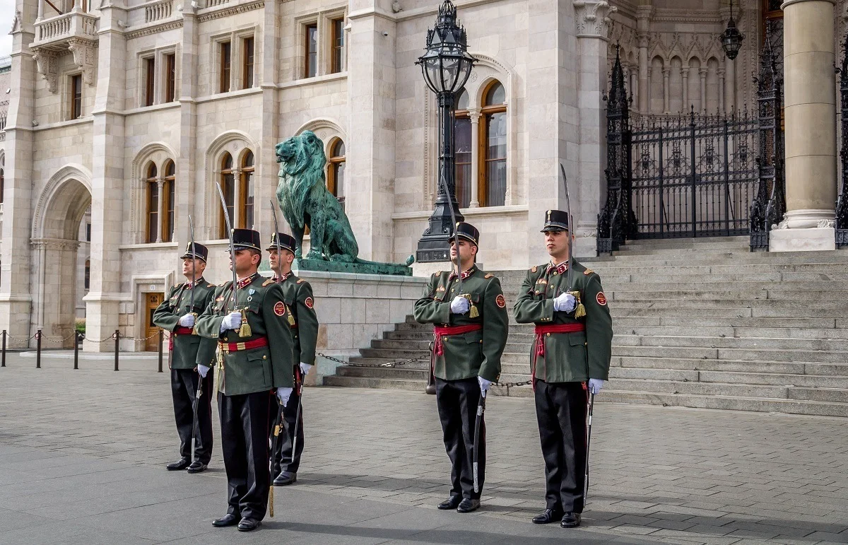The changing of the guard at the Hungarian Parliament Building