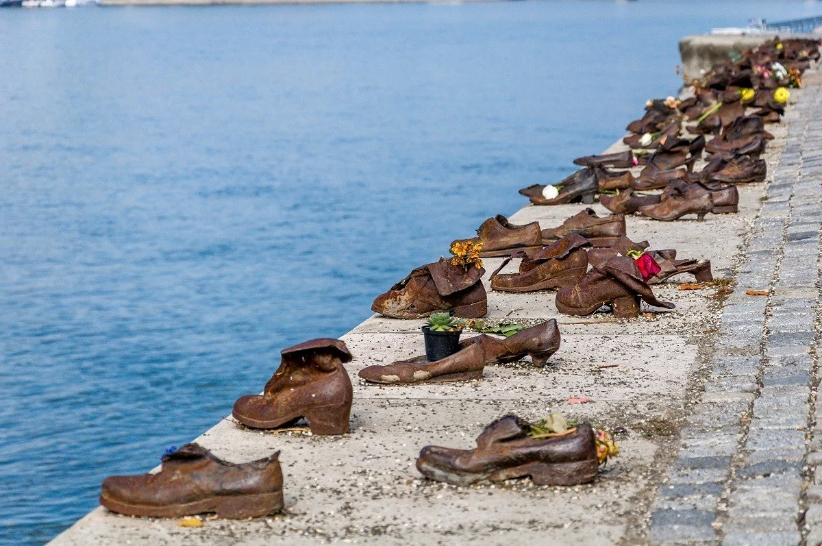 The Shoes on the Danube sculpture in Budapest, Hungary honoring the victims of the Holocaust