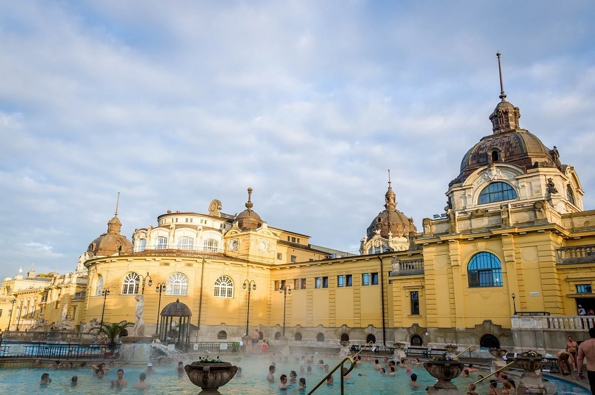 The outdoor pool at the yellow Szechenyi Baths
