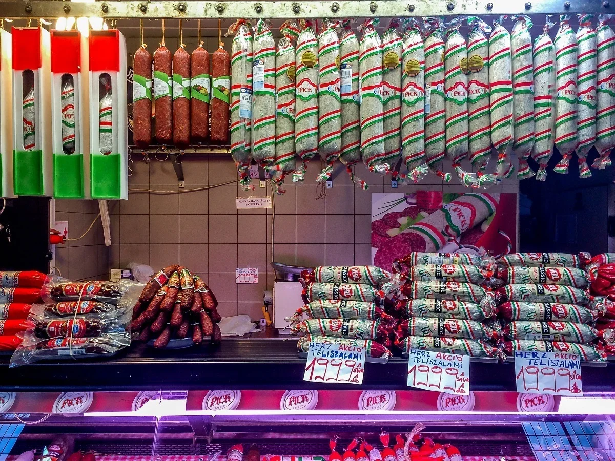 Stall selling sausages, salami and charcuterie in Budapest's Central Market